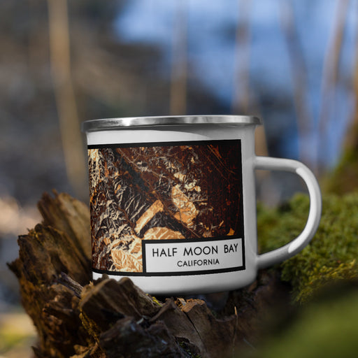 Right View Custom Half Moon Bay California Map Enamel Mug in Ember on Grass With Trees in Background