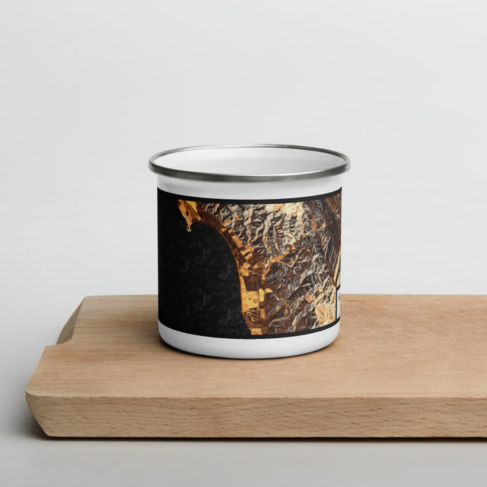 Front View Custom Half Moon Bay California Map Enamel Mug in Ember on Cutting Board