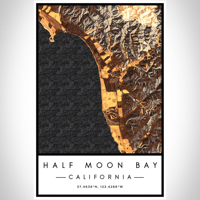 Half Moon Bay California Map Print Portrait Orientation in Ember Style With Shaded Background