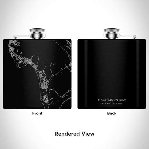Rendered View of Half Moon Bay California Map Engraving on 6oz Stainless Steel Flask in Black