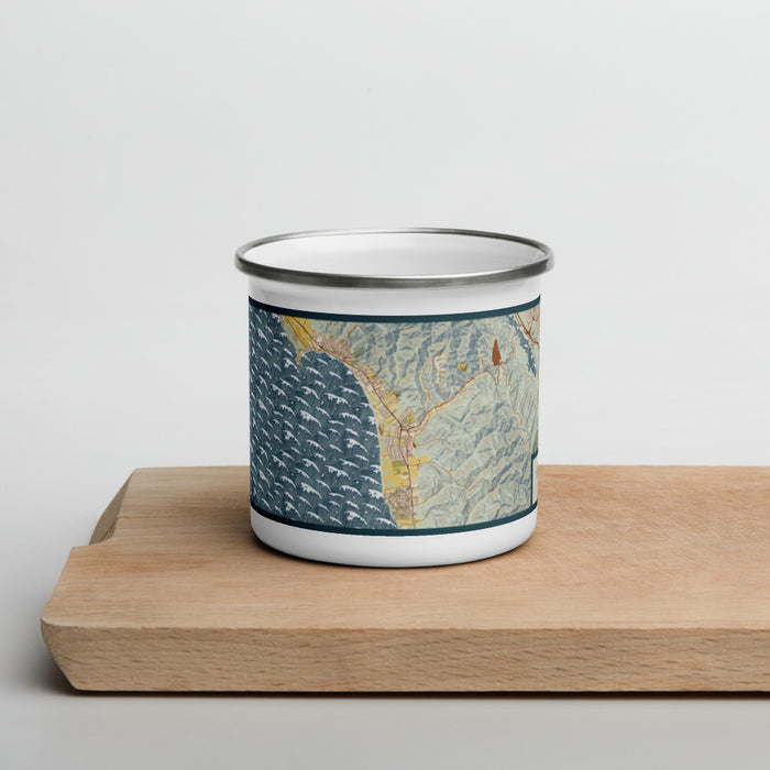 Front View Custom Half Moon Bay California Map Enamel Mug in Woodblock on Cutting Board