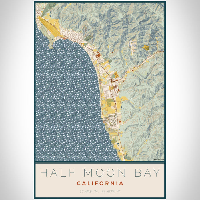 Half Moon Bay California Map Print Portrait Orientation in Woodblock Style With Shaded Background