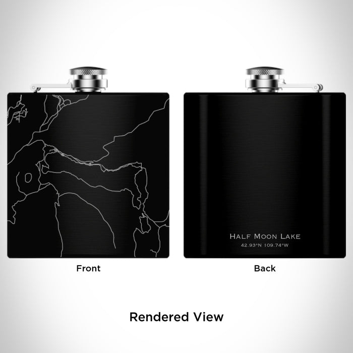 Rendered View of Half Moon Lake Wyoming Map Engraving on 6oz Stainless Steel Flask in Black