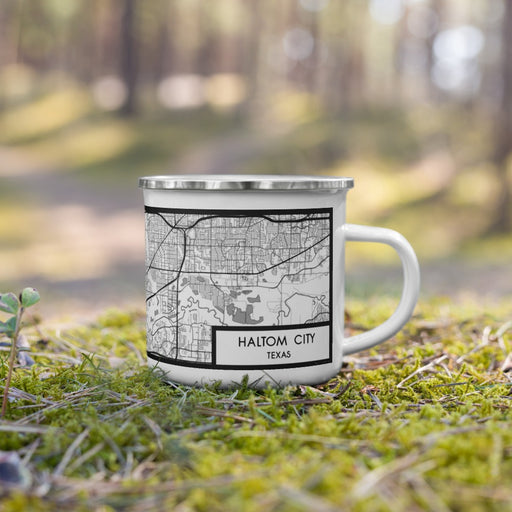 Right View Custom Haltom City Texas Map Enamel Mug in Classic on Grass With Trees in Background