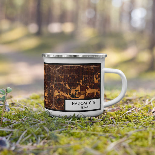 Right View Custom Haltom City Texas Map Enamel Mug in Ember on Grass With Trees in Background