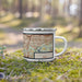 Right View Custom Haltom City Texas Map Enamel Mug in Woodblock on Grass With Trees in Background