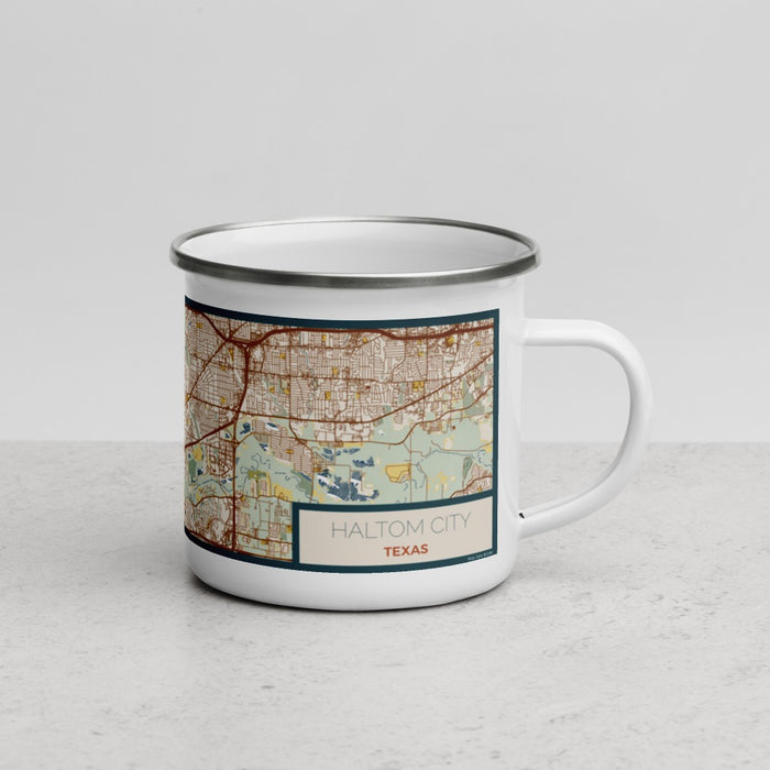 Right View Custom Haltom City Texas Map Enamel Mug in Woodblock
