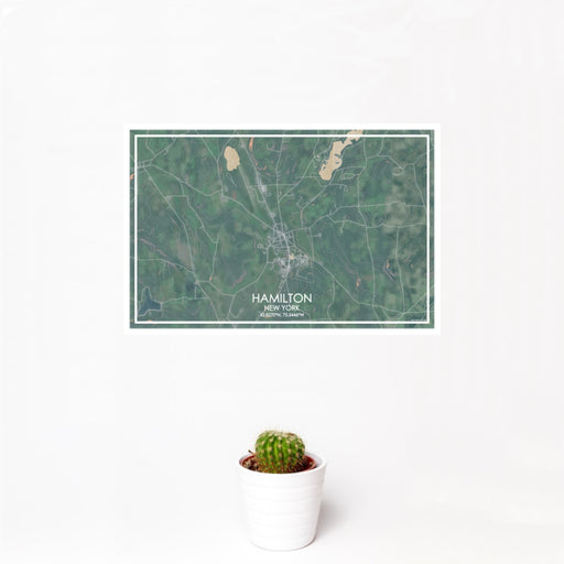 12x18 Hamilton New York Map Print Landscape Orientation in Afternoon Style With Small Cactus Plant in White Planter