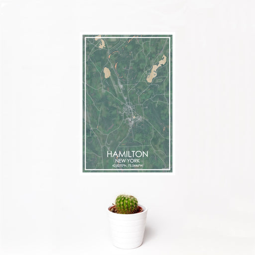 12x18 Hamilton New York Map Print Portrait Orientation in Afternoon Style With Small Cactus Plant in White Planter