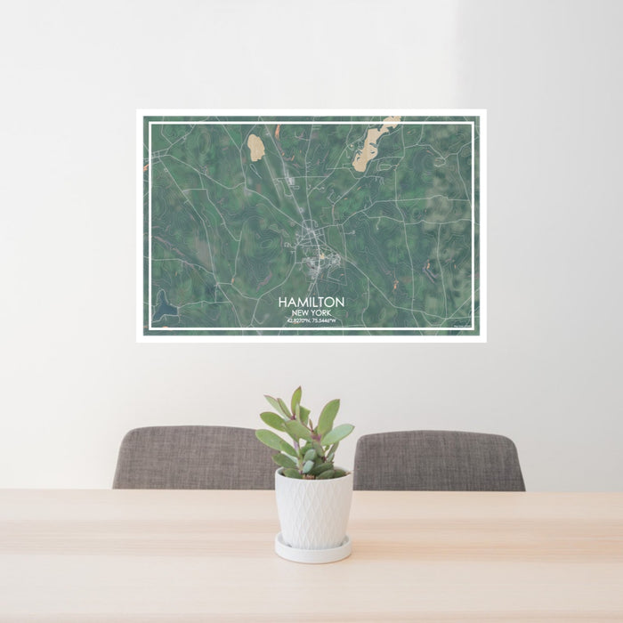 24x36 Hamilton New York Map Print Lanscape Orientation in Afternoon Style Behind 2 Chairs Table and Potted Plant