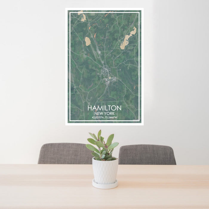 24x36 Hamilton New York Map Print Portrait Orientation in Afternoon Style Behind 2 Chairs Table and Potted Plant