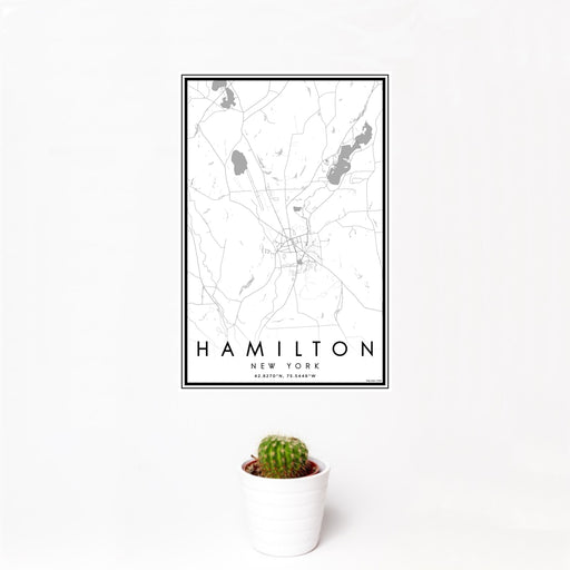 12x18 Hamilton New York Map Print Portrait Orientation in Classic Style With Small Cactus Plant in White Planter