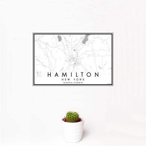 12x18 Hamilton New York Map Print Landscape Orientation in Classic Style With Small Cactus Plant in White Planter