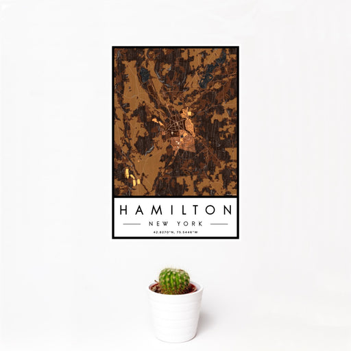 12x18 Hamilton New York Map Print Portrait Orientation in Ember Style With Small Cactus Plant in White Planter