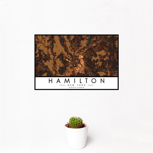12x18 Hamilton New York Map Print Landscape Orientation in Ember Style With Small Cactus Plant in White Planter
