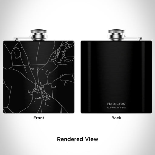 Rendered View of Hamilton New York Map Engraving on 6oz Stainless Steel Flask in Black