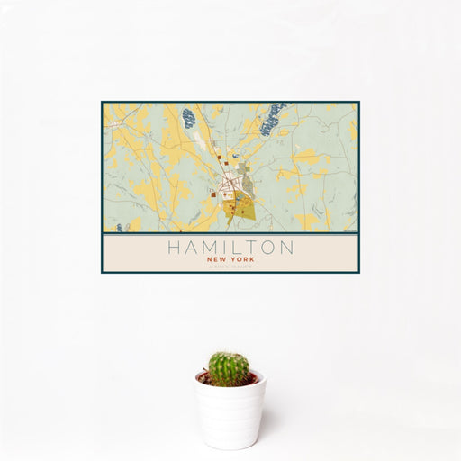 12x18 Hamilton New York Map Print Landscape Orientation in Woodblock Style With Small Cactus Plant in White Planter