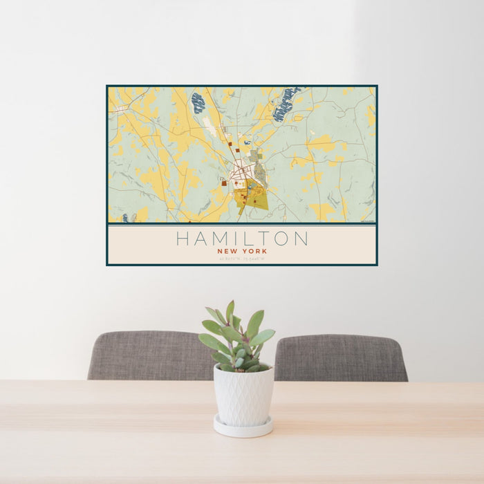 24x36 Hamilton New York Map Print Landscape Orientation in Woodblock Style Behind 2 Chairs Table and Potted Plant