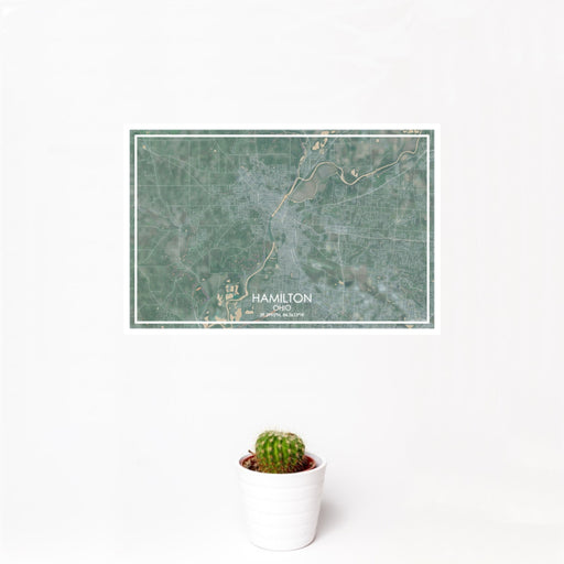 12x18 Hamilton Ohio Map Print Landscape Orientation in Afternoon Style With Small Cactus Plant in White Planter