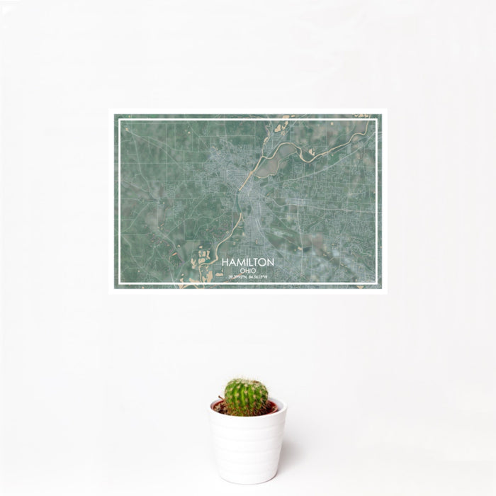 12x18 Hamilton Ohio Map Print Landscape Orientation in Afternoon Style With Small Cactus Plant in White Planter