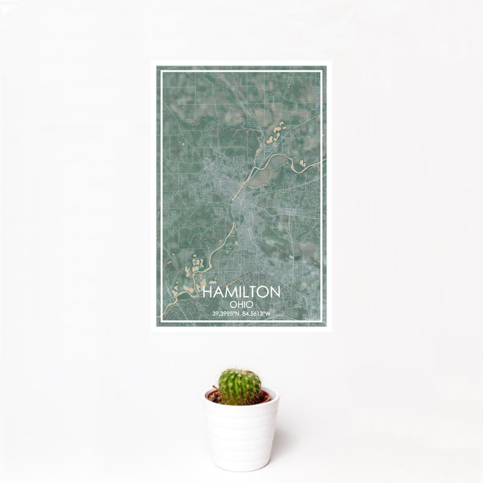 12x18 Hamilton Ohio Map Print Portrait Orientation in Afternoon Style With Small Cactus Plant in White Planter