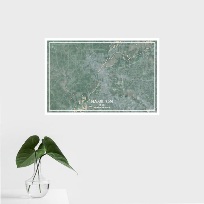 16x24 Hamilton Ohio Map Print Landscape Orientation in Afternoon Style With Tropical Plant Leaves in Water