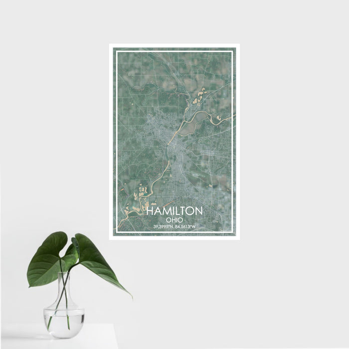 16x24 Hamilton Ohio Map Print Portrait Orientation in Afternoon Style With Tropical Plant Leaves in Water
