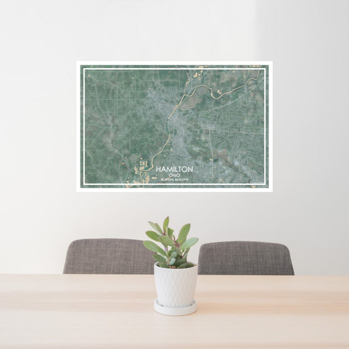 24x36 Hamilton Ohio Map Print Lanscape Orientation in Afternoon Style Behind 2 Chairs Table and Potted Plant