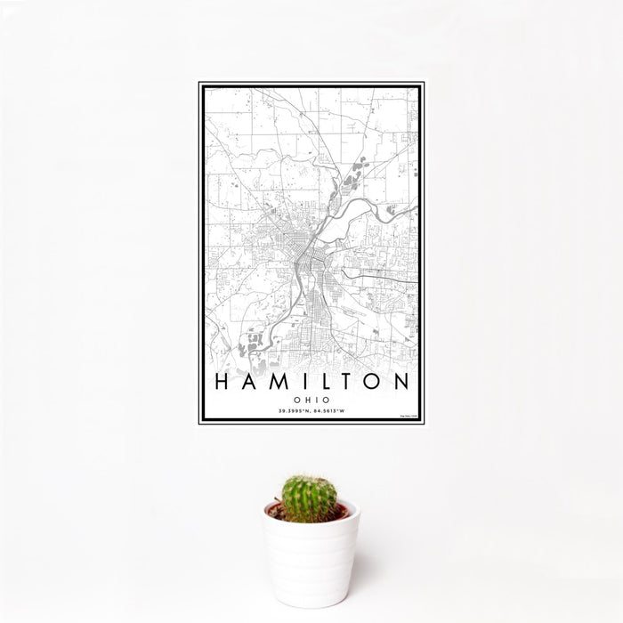 12x18 Hamilton Ohio Map Print Portrait Orientation in Classic Style With Small Cactus Plant in White Planter