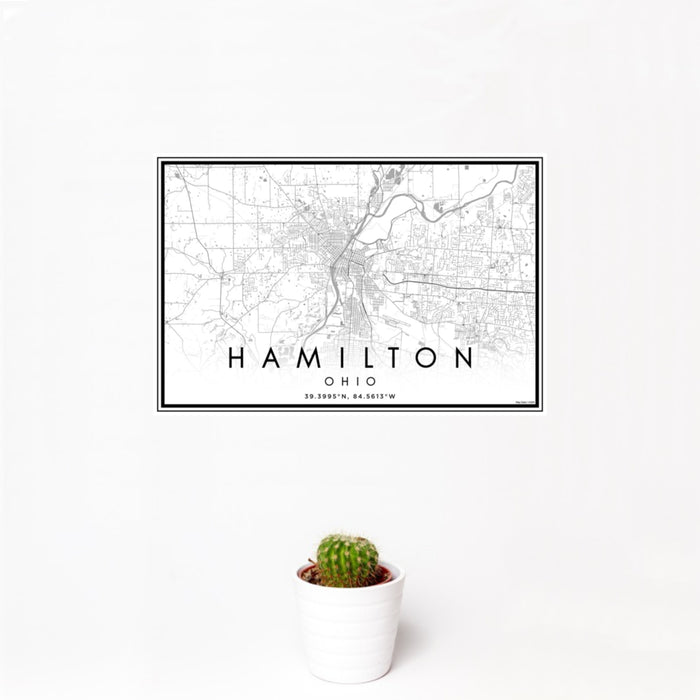 12x18 Hamilton Ohio Map Print Landscape Orientation in Classic Style With Small Cactus Plant in White Planter