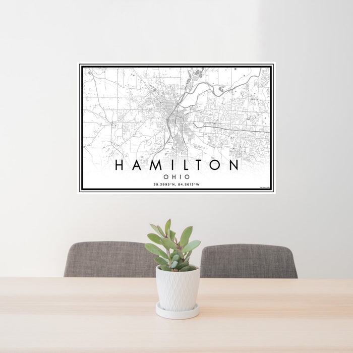 24x36 Hamilton Ohio Map Print Landscape Orientation in Classic Style Behind 2 Chairs Table and Potted Plant