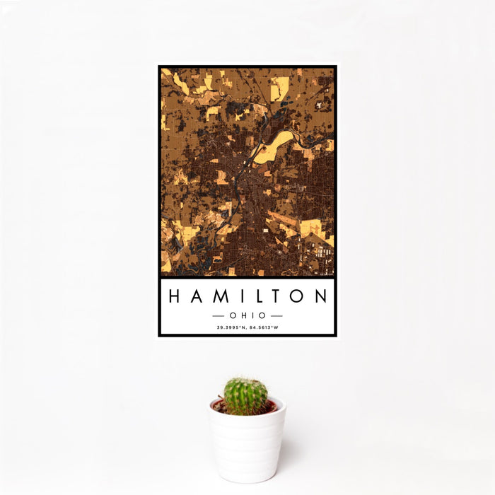 12x18 Hamilton Ohio Map Print Portrait Orientation in Ember Style With Small Cactus Plant in White Planter
