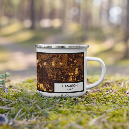 Right View Custom Hamilton Ohio Map Enamel Mug in Ember on Grass With Trees in Background