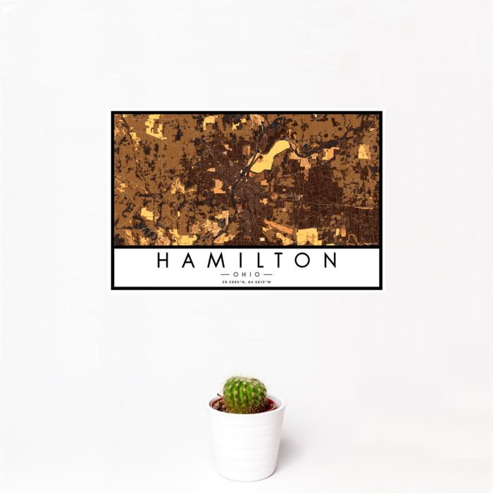 12x18 Hamilton Ohio Map Print Landscape Orientation in Ember Style With Small Cactus Plant in White Planter