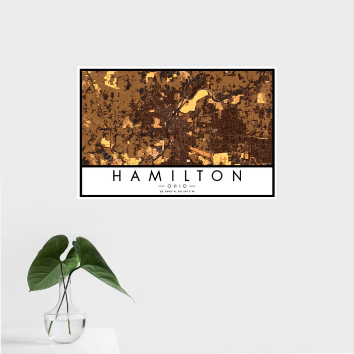 16x24 Hamilton Ohio Map Print Landscape Orientation in Ember Style With Tropical Plant Leaves in Water