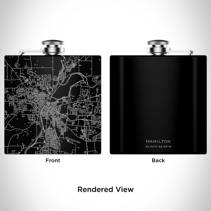 Rendered View of Hamilton Ohio Map Engraving on 6oz Stainless Steel Flask in Black