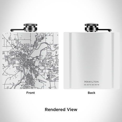 Rendered View of Hamilton Ohio Map Engraving on 6oz Stainless Steel Flask in White