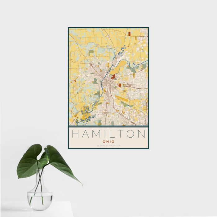 16x24 Hamilton Ohio Map Print Portrait Orientation in Woodblock Style With Tropical Plant Leaves in Water