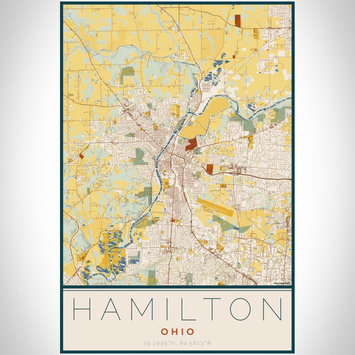 Hamilton Ohio Map Print Portrait Orientation in Woodblock Style With Shaded Background
