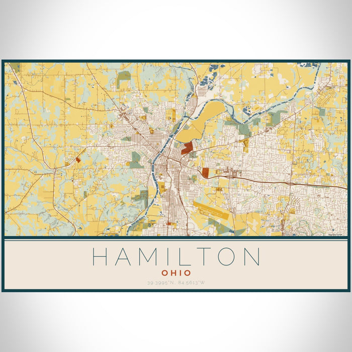 Hamilton Ohio Map Print Landscape Orientation in Woodblock Style With Shaded Background