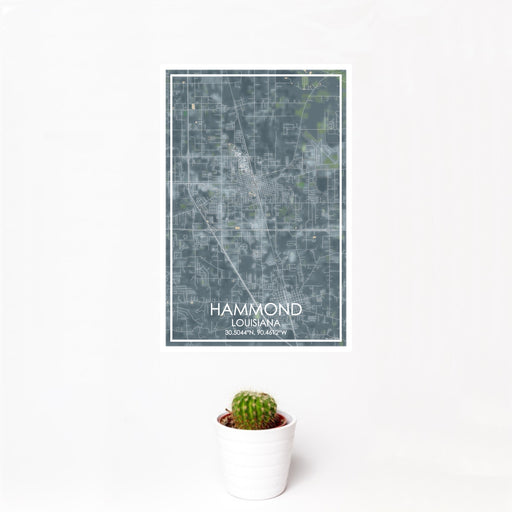 12x18 Hammond Louisiana Map Print Portrait Orientation in Afternoon Style With Small Cactus Plant in White Planter