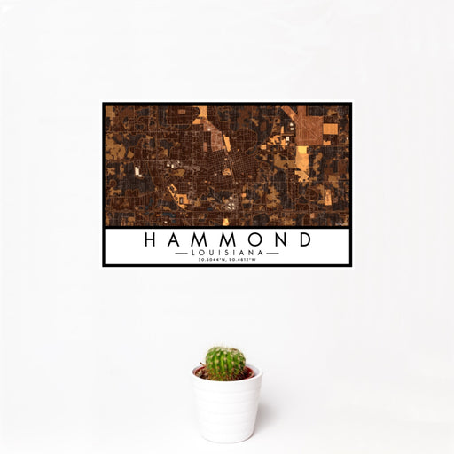 12x18 Hammond Louisiana Map Print Landscape Orientation in Ember Style With Small Cactus Plant in White Planter