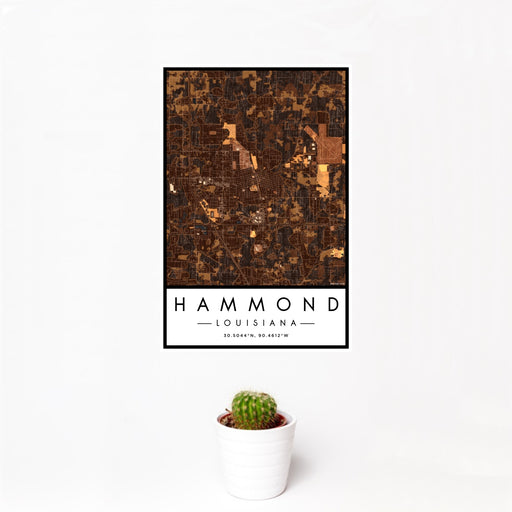 12x18 Hammond Louisiana Map Print Portrait Orientation in Ember Style With Small Cactus Plant in White Planter