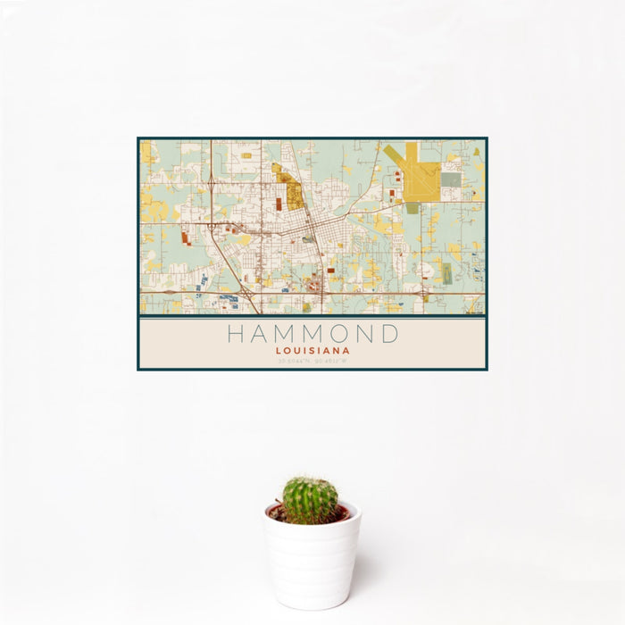 12x18 Hammond Louisiana Map Print Landscape Orientation in Woodblock Style With Small Cactus Plant in White Planter
