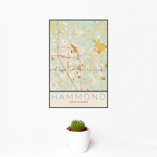 12x18 Hammond Louisiana Map Print Portrait Orientation in Woodblock Style With Small Cactus Plant in White Planter