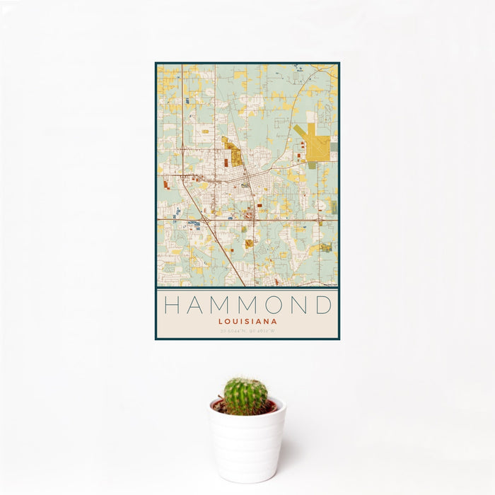 12x18 Hammond Louisiana Map Print Portrait Orientation in Woodblock Style With Small Cactus Plant in White Planter