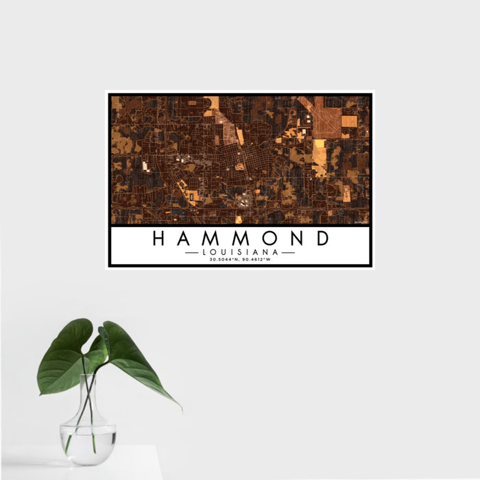 16x24 Hammond Louisiana Map Print Landscape Orientation in Ember Style With Tropical Plant Leaves in Water
