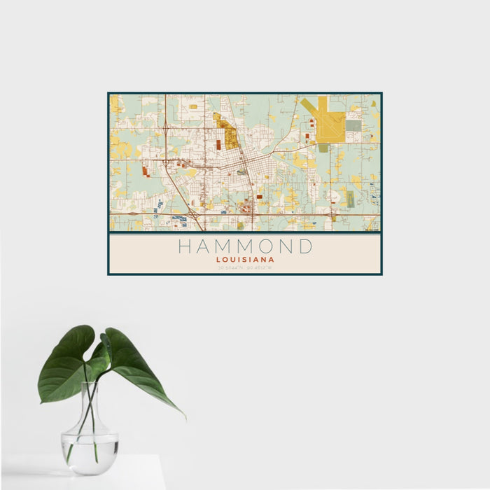 16x24 Hammond Louisiana Map Print Landscape Orientation in Woodblock Style With Tropical Plant Leaves in Water