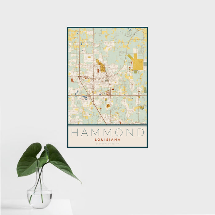 16x24 Hammond Louisiana Map Print Portrait Orientation in Woodblock Style With Tropical Plant Leaves in Water