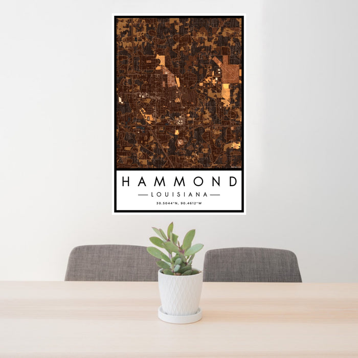 24x36 Hammond Louisiana Map Print Portrait Orientation in Ember Style Behind 2 Chairs Table and Potted Plant